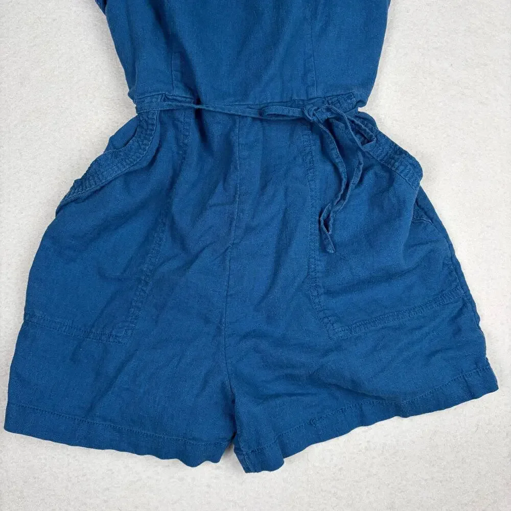 Old Navy Linen Blend Romper Girl's M Blue Sleeveless Boho Cute Playground Summer